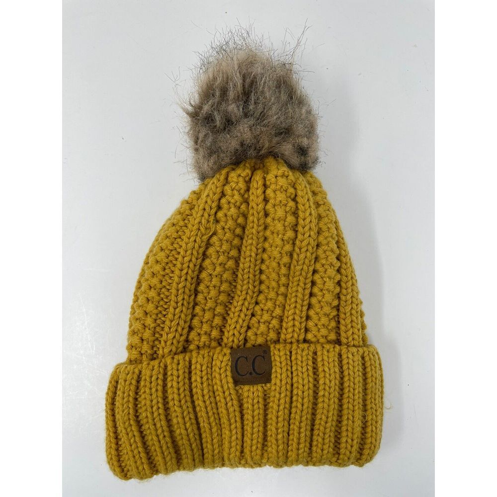 FREE SHIPPING! C.C Criss Cross‎ Ribbed Knit Winter Beanie Hat with Faux Fur Poof